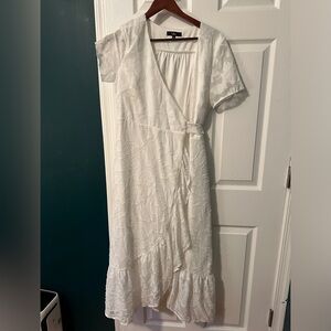 lulu’s Blissfully White Jacquard Short Sleeve Wrap Midi Dress, Size L